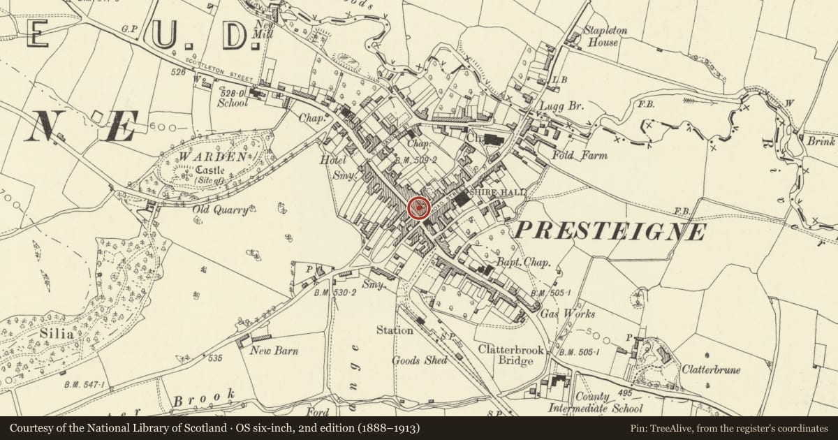 Ordnance Survey six-inch map, 2nd edition (1888–1913) covering the location of Post Office, Presteigne, Powys, with a pin at the register's coordinates
