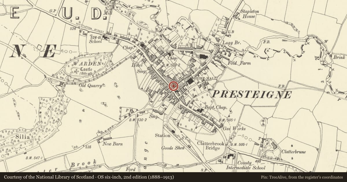 Ordnance Survey six-inch map, 2nd edition (1888–1913) covering the location of 1 High Street, Presteigne, Powys, with a pin at the register's coordinates