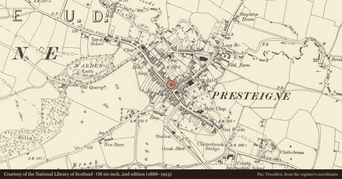Ordnance Survey six-inch map, 2nd edition (1888–1913) covering the location of Haps Ltd. including Flat over, Presteigne, Powys, with a pin at the register's coordinates