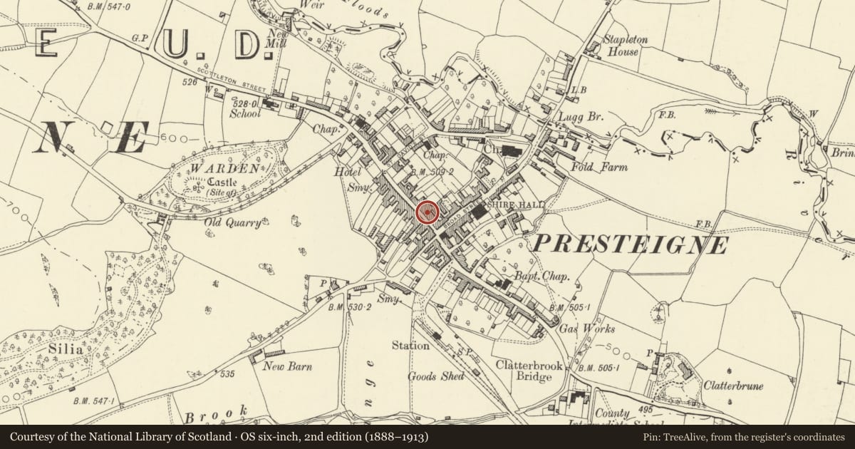Ordnance Survey six-inch map, 2nd edition (1888–1913) covering the location of The Fruit Shop, Presteigne, Powys, with a pin at the register's coordinates