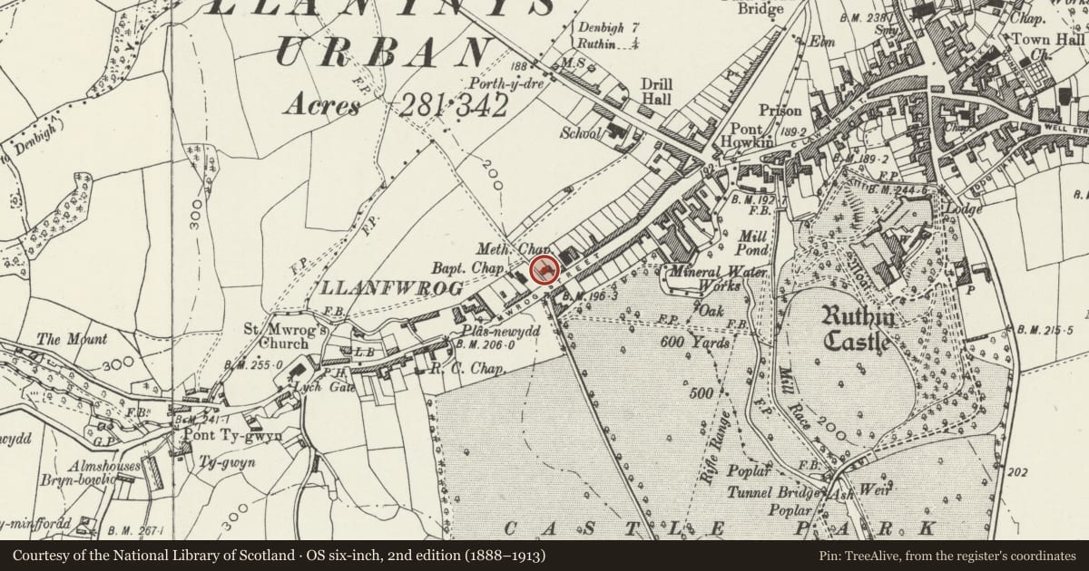 Ordnance Survey six-inch map, 2nd edition (1888–1913) covering the location of Glyndwr, Ruthin, Denbighshire, with a pin at the register's coordinates