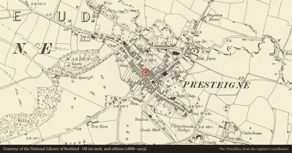 Ordnance Survey six-inch map, 2nd edition (1888–1913) covering the location of Presteigne Autopart & Rookery Books, Powys, with a pin at the register's coordinates