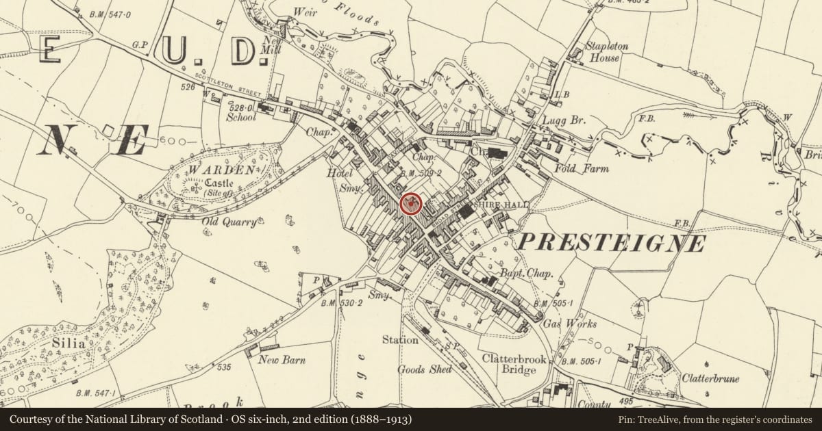 Ordnance Survey six-inch map, 2nd edition (1888–1913) covering the location of Millichamp, Presteigne, Powys, with a pin at the register's coordinates