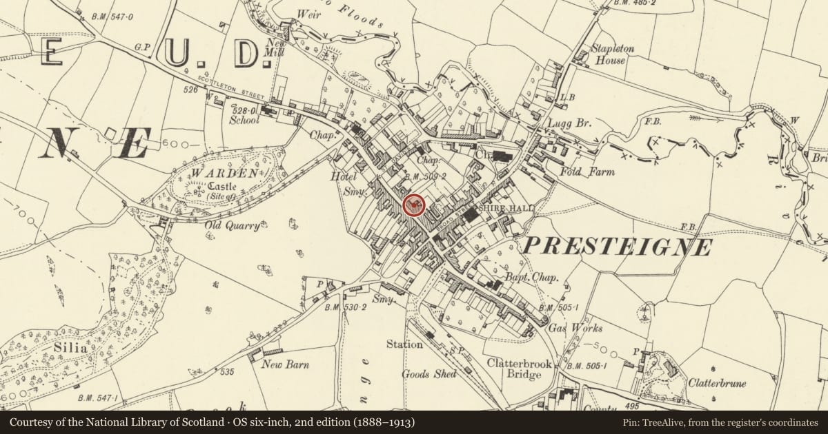 Ordnance Survey six-inch map, 2nd edition (1888–1913) covering the location of 9 High Street, Presteigne, Powys, with a pin at the register's coordinates