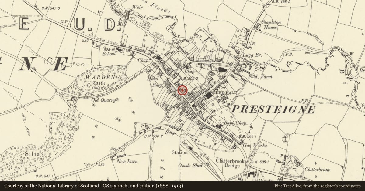 Ordnance Survey six-inch map, 2nd edition (1888–1913) covering the location of including Fish & Chip Shop, Presteigne, Powys, with a pin at the register's coordinates