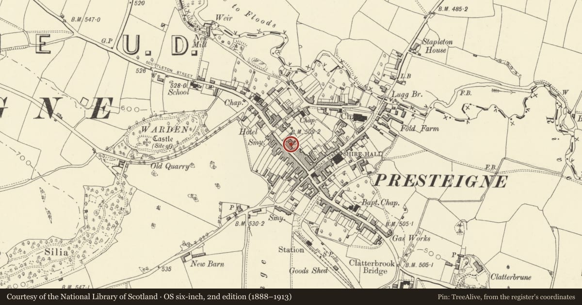 Ordnance Survey six-inch map, 2nd edition (1888–1913) covering the location of 12&13 High Street, Presteigne, Powys, with a pin at the register's coordinates