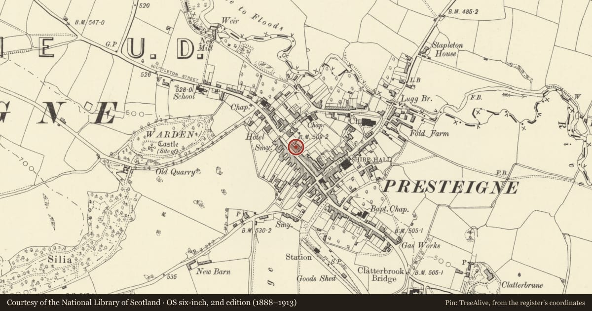 Ordnance Survey six-inch map, 2nd edition (1888–1913) covering the location of Hairdresser, Presteigne, Powys, with a pin at the register's coordinates