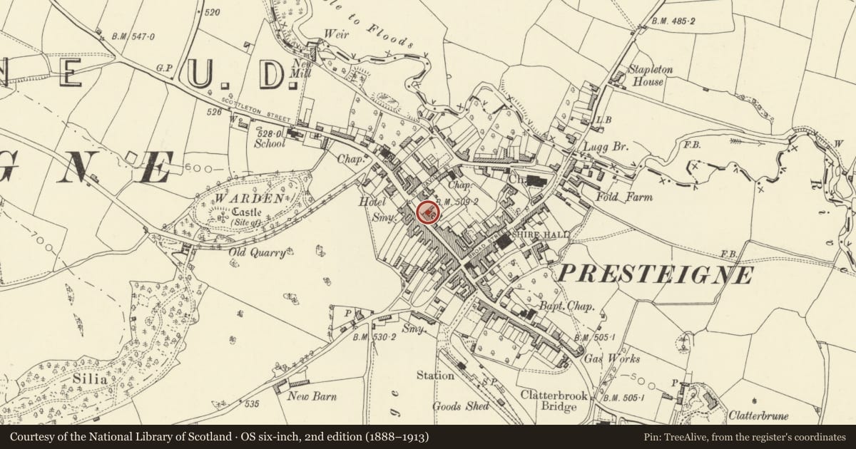 Ordnance Survey six-inch map, 2nd edition (1888–1913) covering the location of including Glyn Slade Jones (Butcher Shop), Presteigne, Powys, with a pin at the register's coordinates