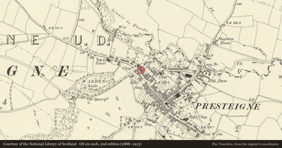 Ordnance Survey six-inch map, 2nd edition (1888–1913) covering the location of Warden View, Presteigne, Powys, with a pin at the register's coordinates