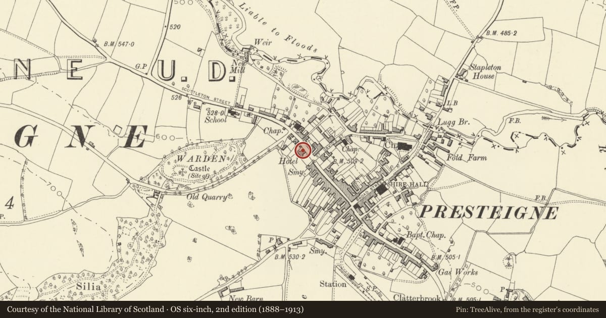 Ordnance Survey six-inch map, 2nd edition (1888–1913) covering the location of Radnorshire Arms Hotel, Presteigne, Powys, with a pin at the register's coordinates