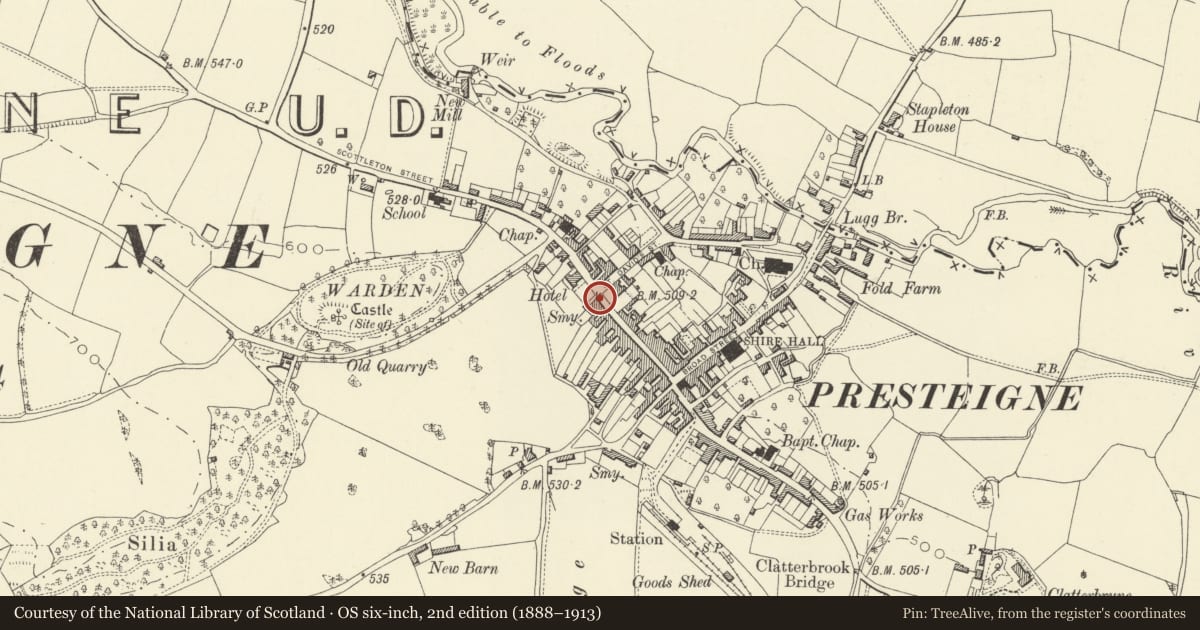Ordnance Survey six-inch map, 2nd edition (1888–1913) covering the location of The Posting House including the Potlatch, Presteigne, Powys, with a pin at the register's coordinates