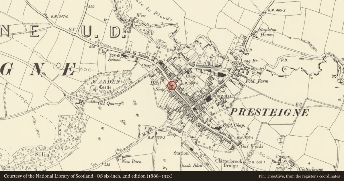 Ordnance Survey six-inch map, 2nd edition (1888–1913) covering the location of Warren Villa, Presteigne, Powys, with a pin at the register's coordinates