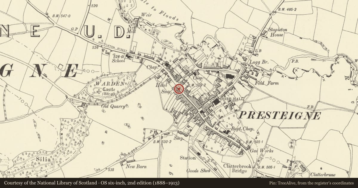 Ordnance Survey six-inch map, 2nd edition (1888–1913) covering the location of 38 High Street, Presteigne, Powys, with a pin at the register's coordinates