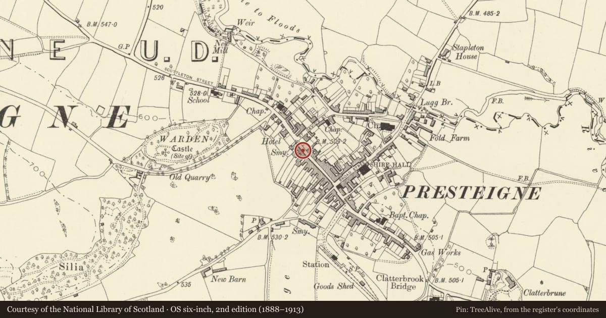 Ordnance Survey six-inch map, 2nd edition (1888–1913) covering the location of 39 High Street, Presteigne, Powys, with a pin at the register's coordinates