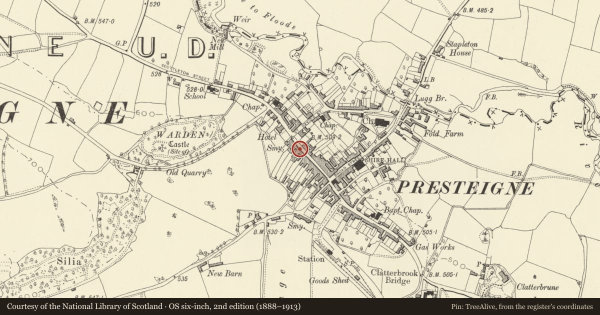 Ordnance Survey six-inch map, 2nd edition (1888–1913) covering the location of The Castle (formerly The Castle PH), Presteigne, Powys, with a pin at the register's coordinates