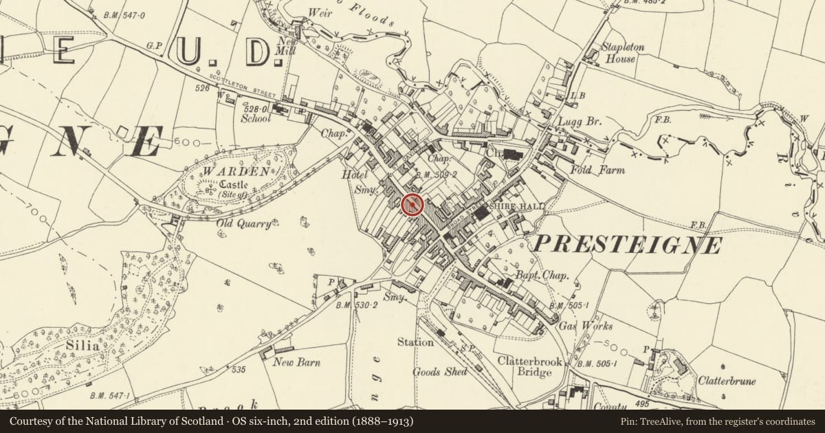 Ordnance Survey six-inch map, 2nd edition (1888–1913) covering the location of Belmont House including Derek's Hairstyles, Presteigne, Powys, with a pin at the register's coordinates