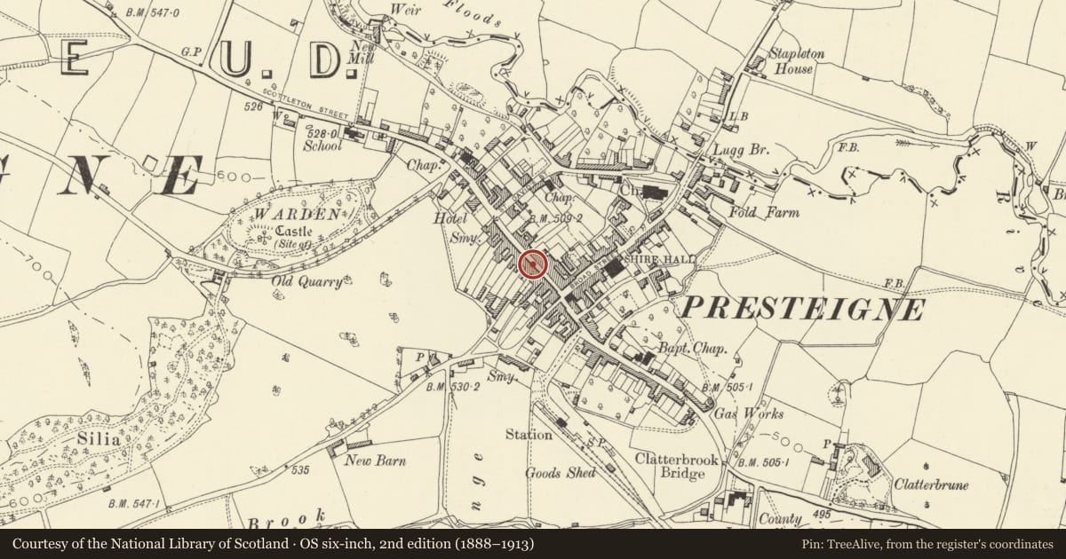 Ordnance Survey six-inch map, 2nd edition (1888–1913) covering the location of King's Head Stores, Presteigne, Powys, with a pin at the register's coordinates