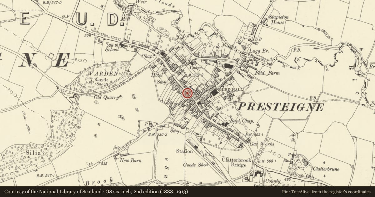 Ordnance Survey six-inch map, 2nd edition (1888–1913) covering the location of and Parry Powell (Estate Agents), Presteigne, Powys, with a pin at the register's coordinates