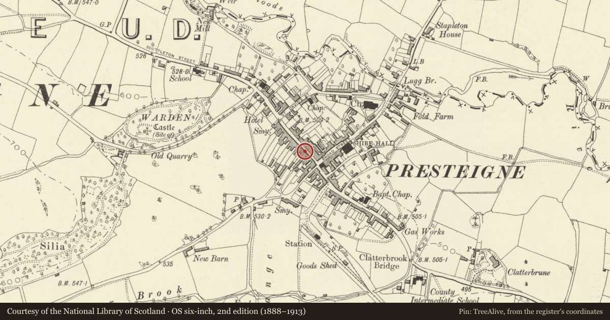 Ordnance Survey six-inch map, 2nd edition (1888–1913) covering the location of Ye Olde Shoppe, Presteigne, Powys, with a pin at the register's coordinates