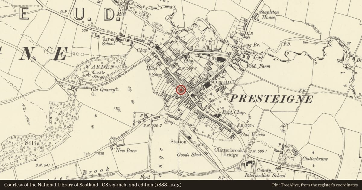 Ordnance Survey six-inch map, 2nd edition (1888–1913) covering the location of G & L Hall, Presteigne, Powys, with a pin at the register's coordinates