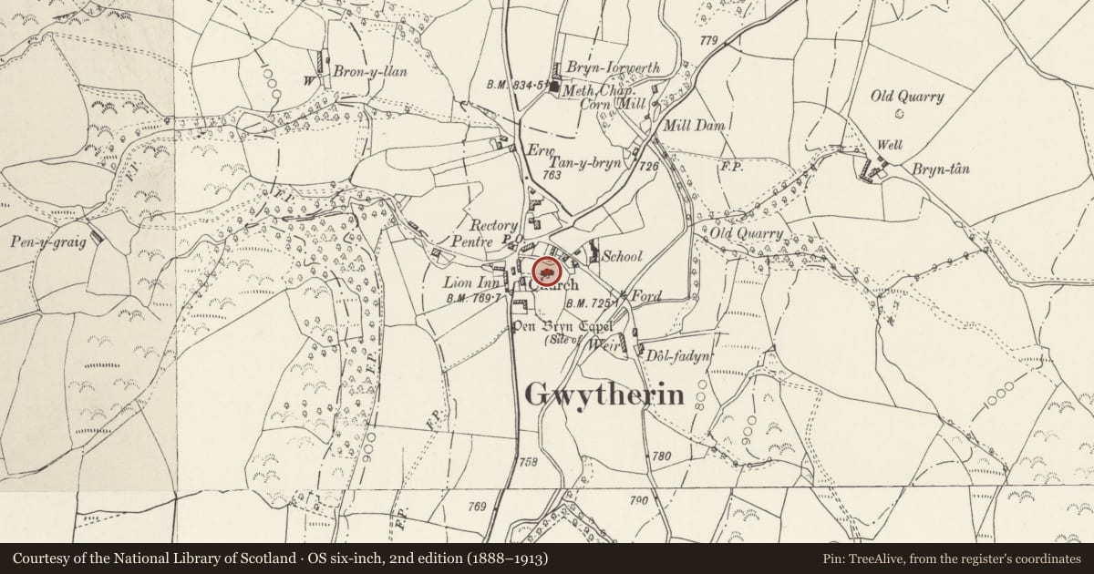 Ordnance Survey six-inch map, 2nd edition (1888–1913) covering the location of Church of St Winifred, Llangernyw, Conwy, with a pin at the register's coordinates
