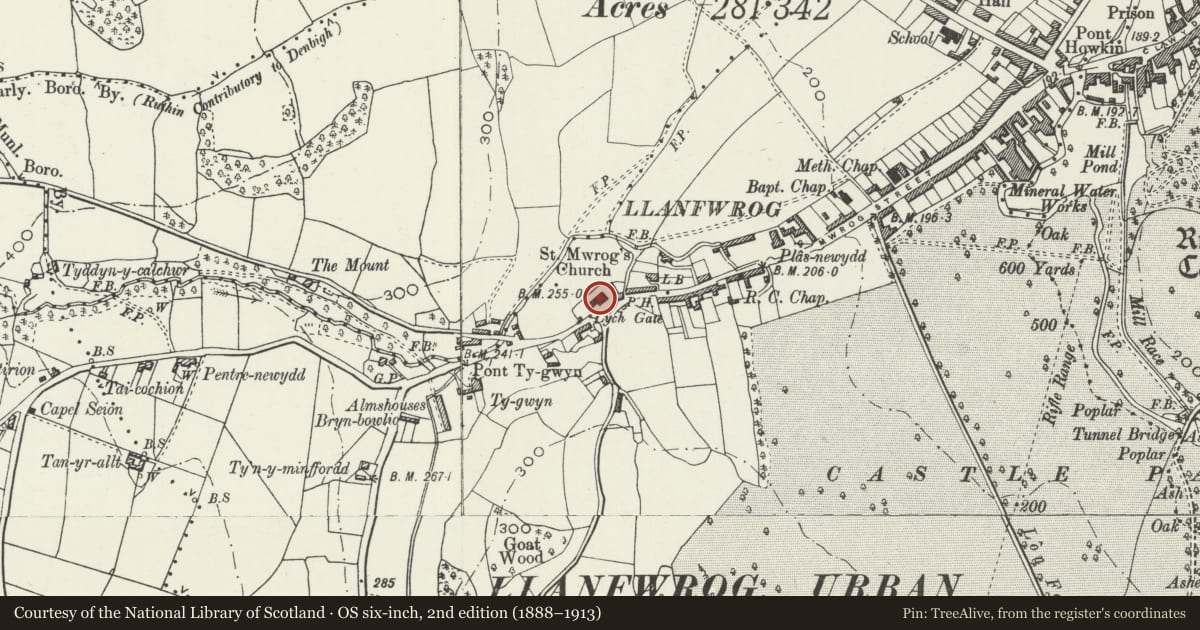 Ordnance Survey six-inch map, 2nd edition (1888–1913) covering the location of Church of St Mwrog, Ruthin, Denbighshire, with a pin at the register's coordinates