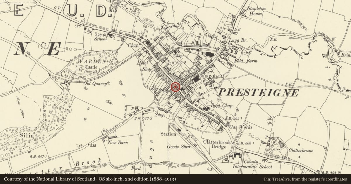 Ordnance Survey six-inch map, 2nd edition (1888–1913) covering the location of London House including London Cottage to rear, Presteigne, Powys, with a pin at the register's coordinates