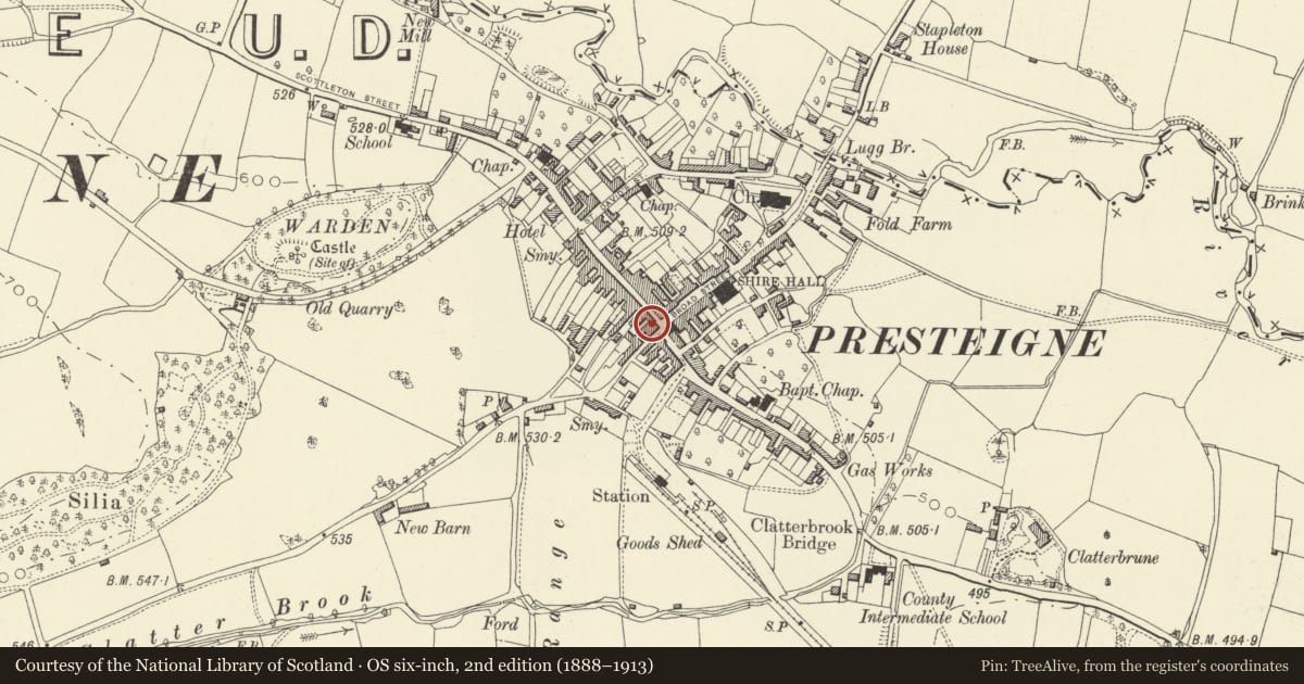 Ordnance Survey six-inch map, 2nd edition (1888–1913) covering the location of Corner Shop including flat over, Presteigne, Powys, with a pin at the register's coordinates
