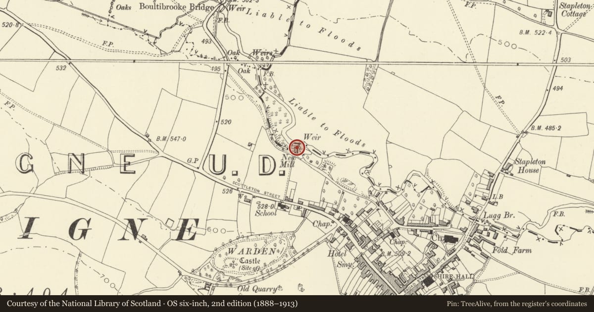Ordnance Survey six-inch map, 2nd edition (1888–1913) covering the location of The Old Mill (formerly "New Mill House"), Presteigne, Powys, with a pin at the register's coordinates