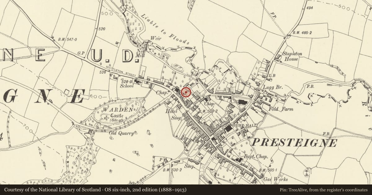 Ordnance Survey six-inch map, 2nd edition (1888–1913) covering the location of Boundary Wall between Garage at No.2 and Coach House to Manor House, Presteigne, Powys, with a pin at the register's coordinates