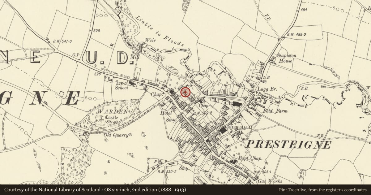 Ordnance Survey six-inch map, 2nd edition (1888–1913) covering the location of Coach House to rear of Manor House, Presteigne, Powys, with a pin at the register's coordinates