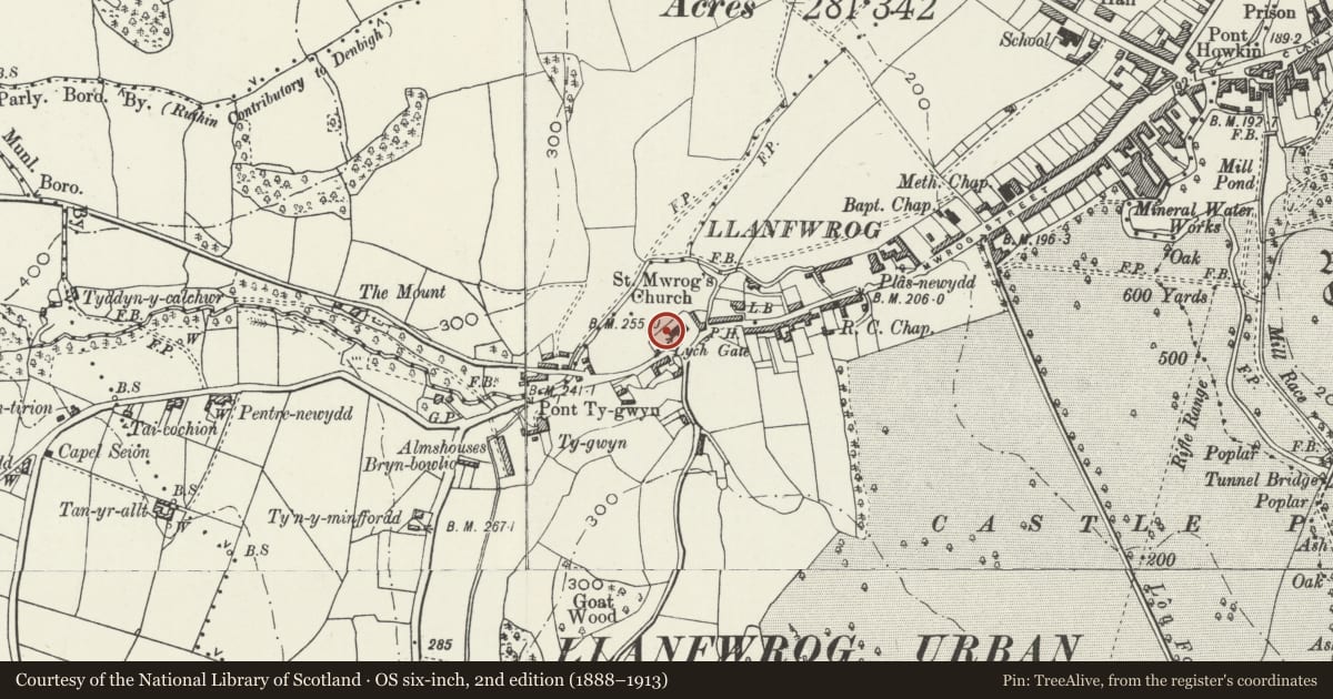 Ordnance Survey six-inch map, 2nd edition (1888–1913) covering the location of Monument in St Mwrog's Churchyard, Ruthin, Denbighshire, with a pin at the register's coordinates