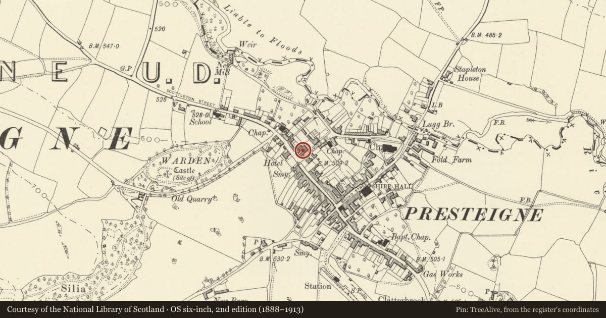 Ordnance Survey six-inch map, 2nd edition (1888–1913) covering the location of The Bull Hotel, Presteigne, Powys, with a pin at the register's coordinates