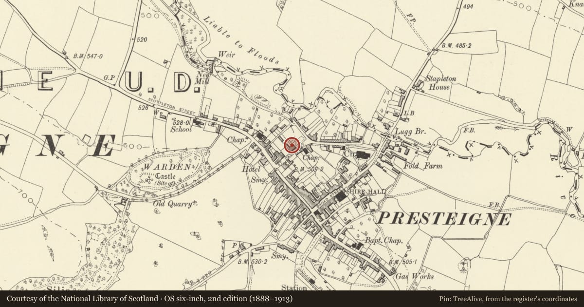 Ordnance Survey six-inch map, 2nd edition (1888–1913) covering the location of The Manor House (formerly The Rectory), Presteigne, Powys, with a pin at the register's coordinates