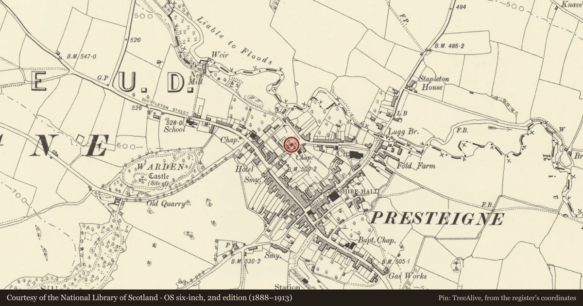 Ordnance Survey six-inch map, 2nd edition (1888–1913) covering the location of Boundary Wall with doorway to right of Manor House, Presteigne, Powys, with a pin at the register's coordinates