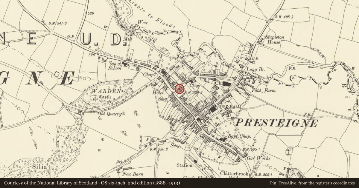 Ordnance Survey six-inch map, 2nd edition (1888–1913) covering the location of Warden Court, Presteigne, Powys, with a pin at the register's coordinates