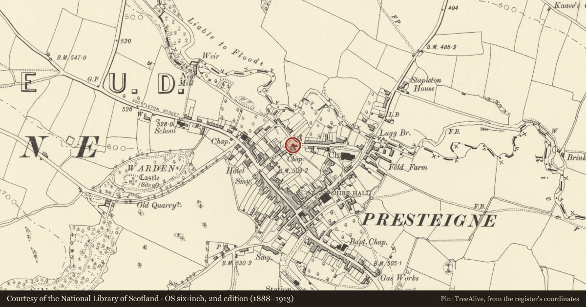 Ordnance Survey six-inch map, 2nd edition (1888–1913) covering the location of 7 St David's Street, Presteigne, Powys, with a pin at the register's coordinates