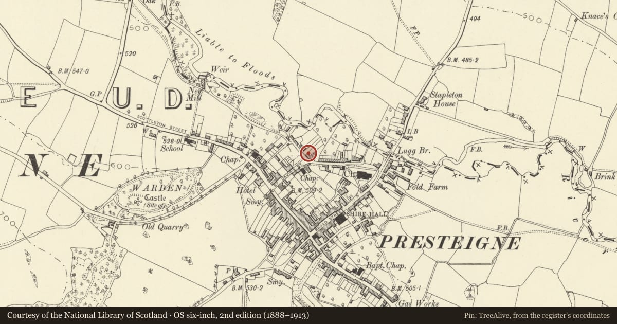 Ordnance Survey six-inch map, 2nd edition (1888–1913) covering the location of Ulna & Glenfield House, Presteigne, Powys, with a pin at the register's coordinates