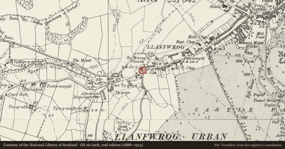 Ordnance Survey six-inch map, 2nd edition (1888–1913) covering the location of Sundial S of Porch, Church of St Mwrog, Ruthin, Denbighshire, with a pin at the register's coordinates