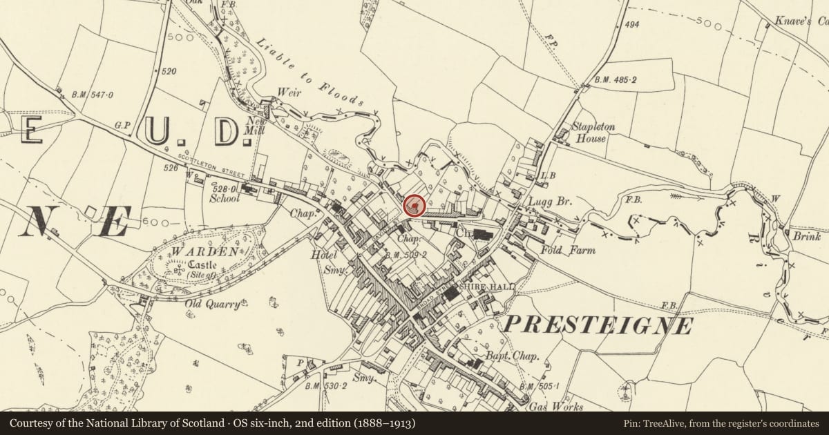 Ordnance Survey six-inch map, 2nd edition (1888–1913) covering the location of Bodmin House, Presteigne, Powys, with a pin at the register's coordinates