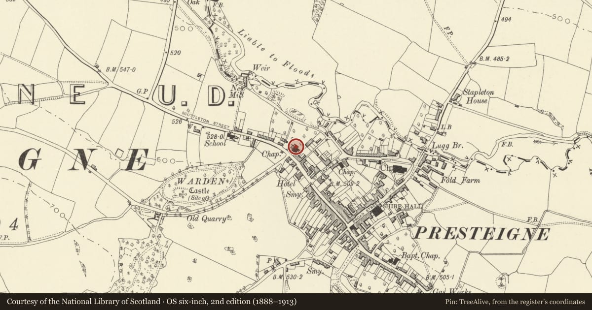 Ordnance Survey six-inch map, 2nd edition (1888–1913) covering the location of Methodist Church and Hall, Presteigne, Powys, with a pin at the register's coordinates