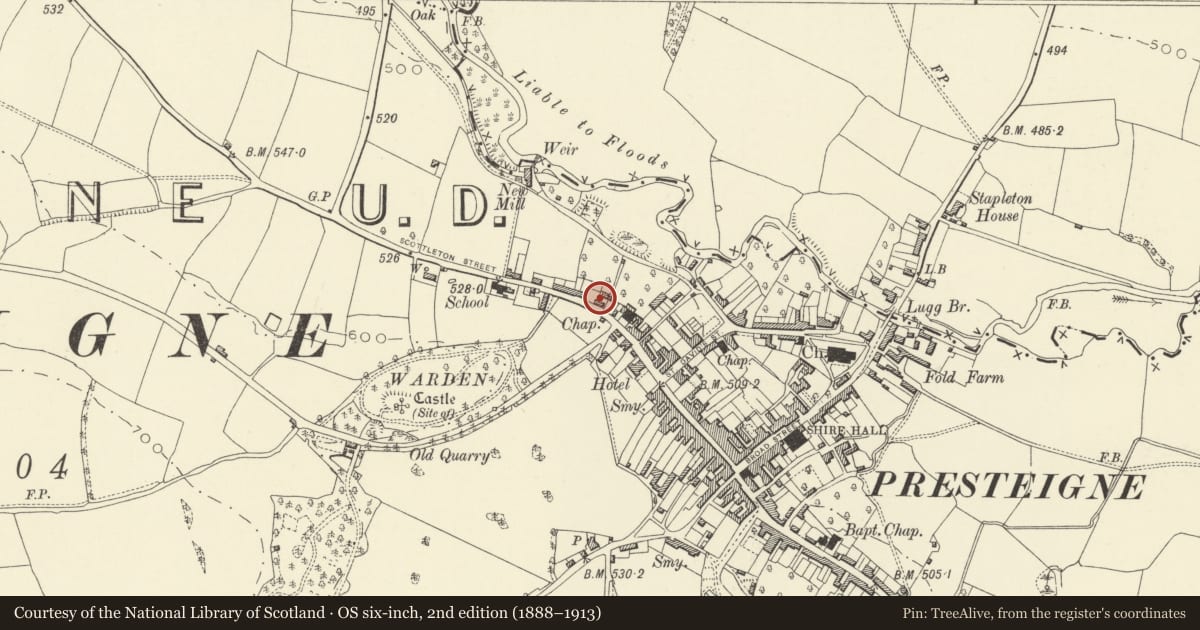 Ordnance Survey six-inch map, 2nd edition (1888–1913) covering the location of Bell House, Presteigne, Powys, with a pin at the register's coordinates