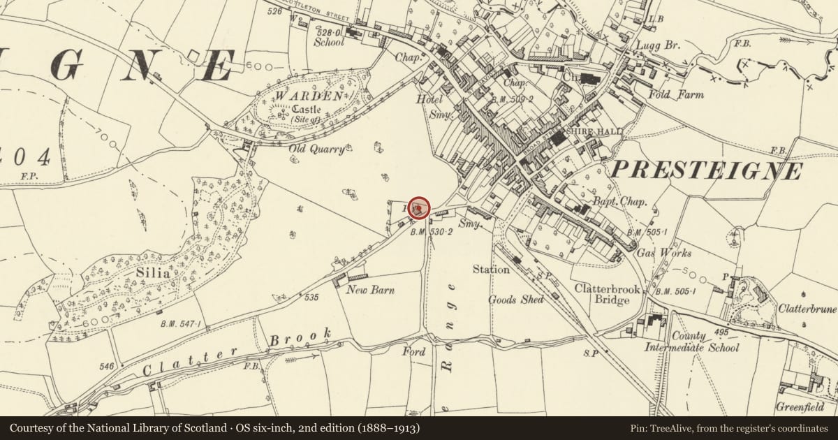 Ordnance Survey six-inch map, 2nd edition (1888–1913) covering the location of Green End House, Presteigne, Powys, with a pin at the register's coordinates