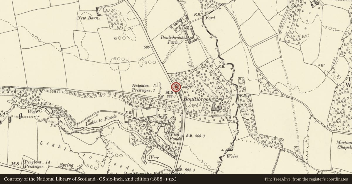 Ordnance Survey six-inch map, 2nd edition (1888–1913) covering the location of Lodge to Boultibrooke House, Presteigne, Powys, with a pin at the register's coordinates
