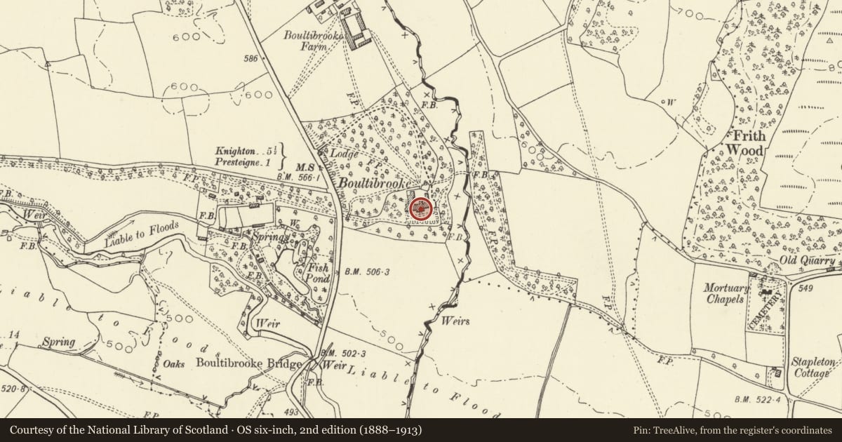 Ordnance Survey six-inch map, 2nd edition (1888–1913) covering the location of Boultibrooke House, Presteigne, Powys, with a pin at the register's coordinates