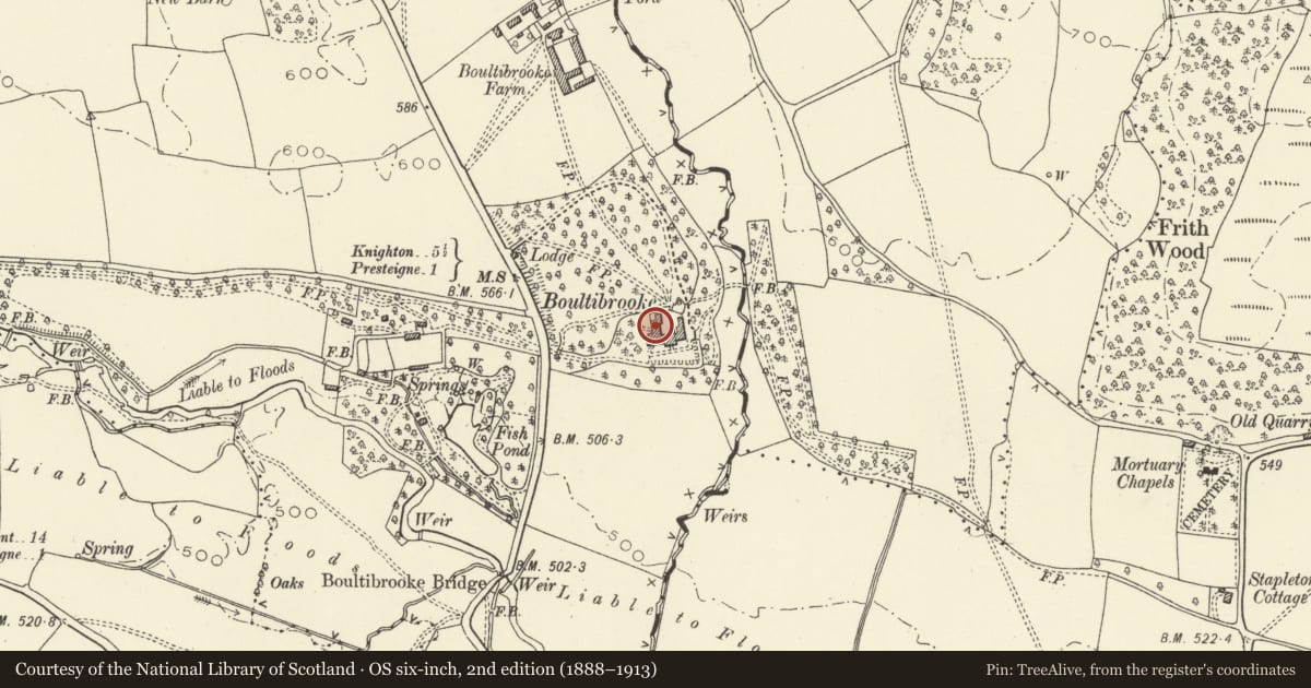 Ordnance Survey six-inch map, 2nd edition (1888–1913) covering the location of Coach House and Service Range at Boultibrooke Hose, Presteigne, Powys, with a pin at the register's coordinates