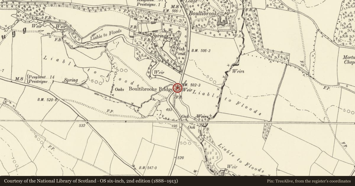 Ordnance Survey six-inch map, 2nd edition (1888–1913) covering the location of Old Boultibrooke Bridge, Presteigne, Powys, with a pin at the register's coordinates