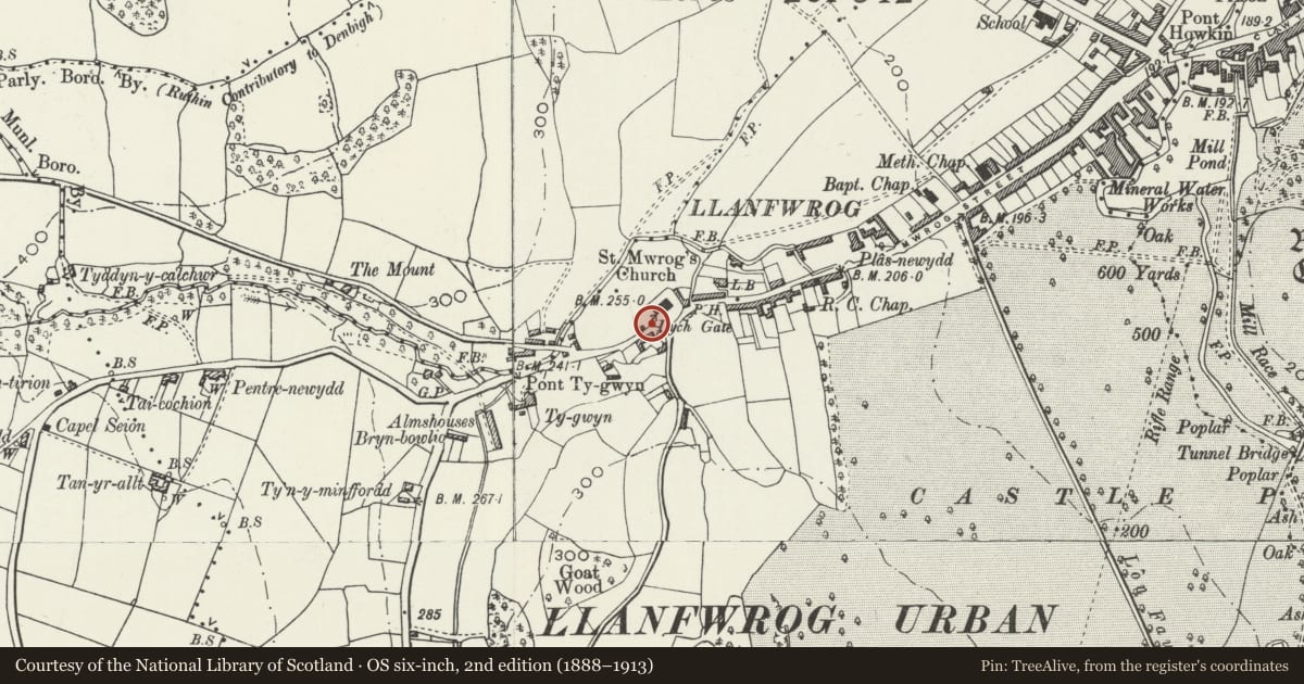 Ordnance Survey six-inch map, 2nd edition (1888–1913) covering the location of Lychgate W of Church of St Mwrog, Ruthin, Denbighshire, with a pin at the register's coordinates