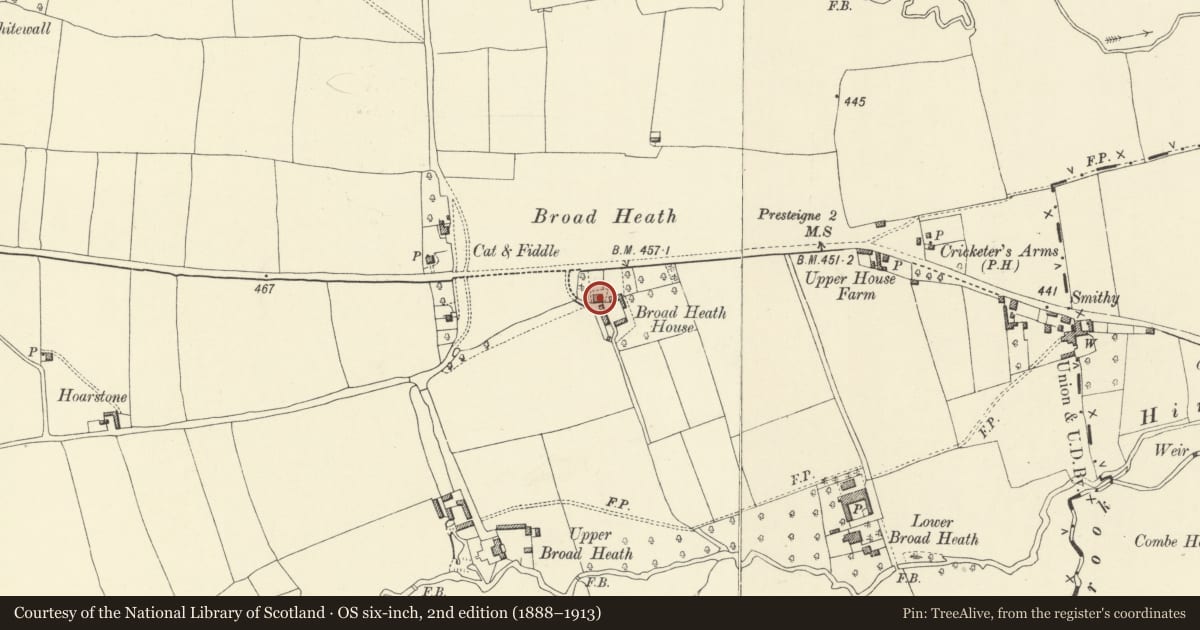 Ordnance Survey six-inch map, 2nd edition (1888–1913) covering the location of Broad Heath House, Presteigne, Powys, with a pin at the register's coordinates