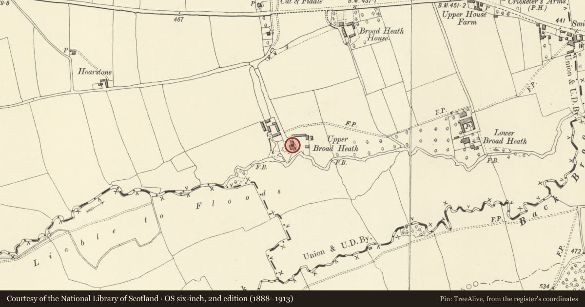 Ordnance Survey six-inch map, 2nd edition (1888–1913) covering the location of Upper Broad Heath Farmhouse, Presteigne, Powys, with a pin at the register's coordinates